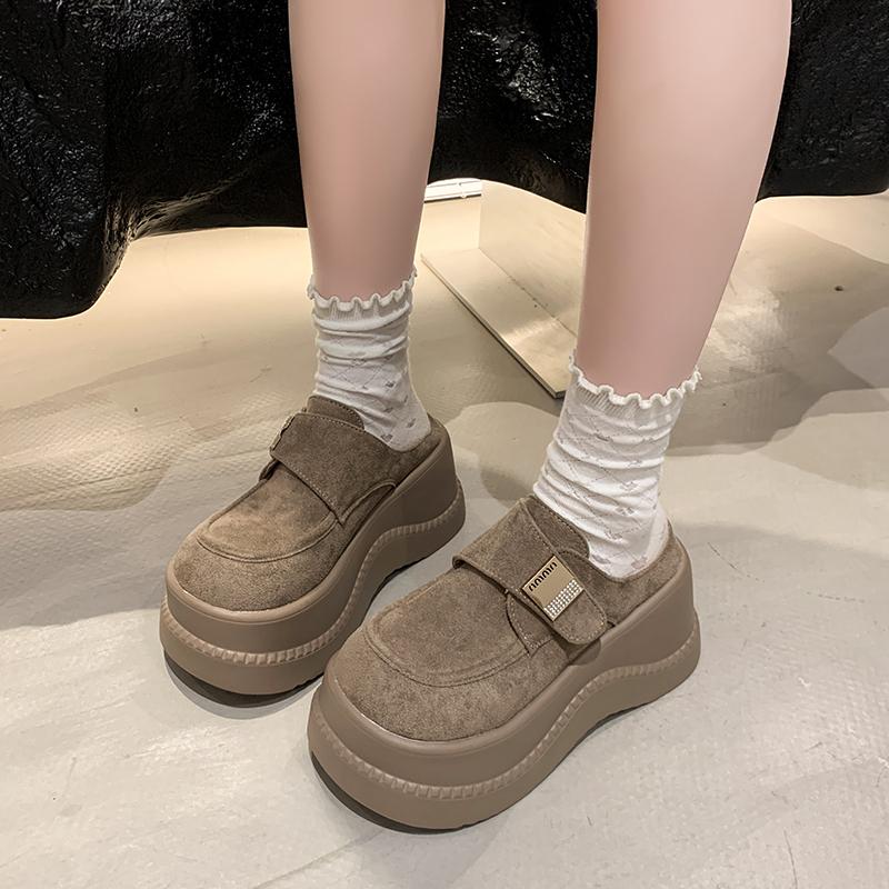 Fashion 8CM Height Increasing Women's Shoes No Heel Half Drag Spring New Style Thick Soled High Heels Toe Cap Casual Women's Slippers