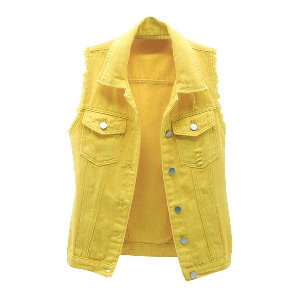 Women's Fashion Solid Color Sleeveless Pocket Short Style With Frayed Edges And Holes Cardigan Vest Jacket