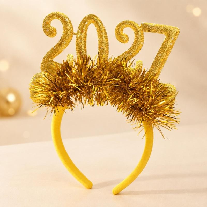 Christmas Hair Accessory Metallic Fringe and 2027 Numerals Headdress for Party Outfits, Holiday Photos, and Gift Exchanges