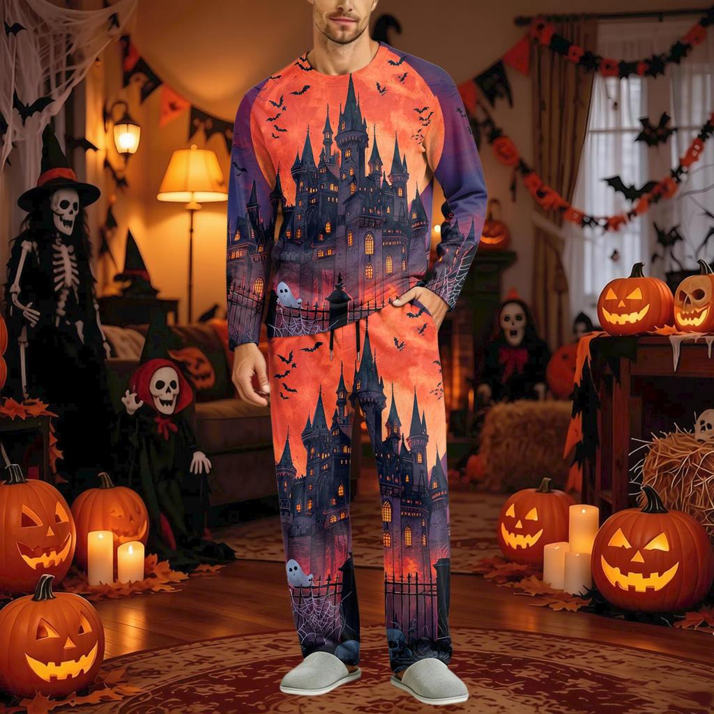 Men's Halloween Pajama Set Long Sleeve with Button Fly and Elastic Waist Drawstring for Sleepwear