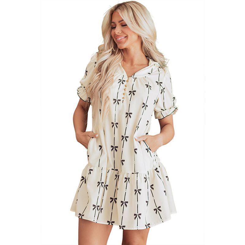 

Summer New Arrival Ruffle Sleeve Short Skirt for Women Fashion Cute Style Bows Dress with Prints Women LC6122693-P1520 S
