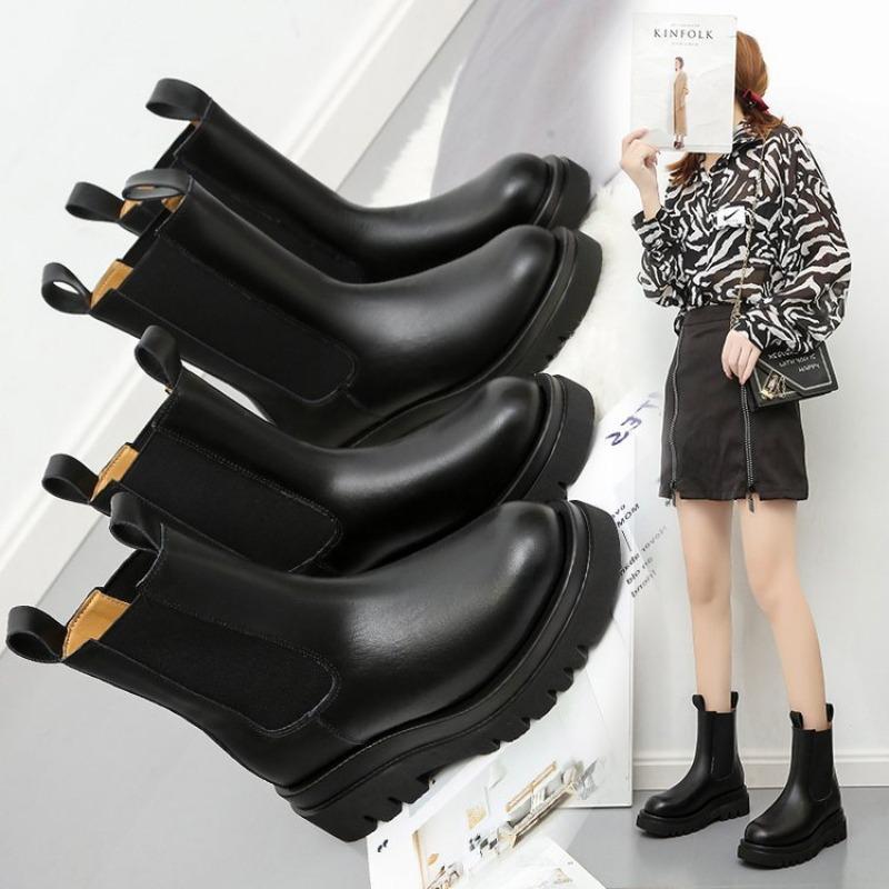Autumn and winter trend women's leather boots round head thick sole medium tube Chelsea boots street fashion women's shoes