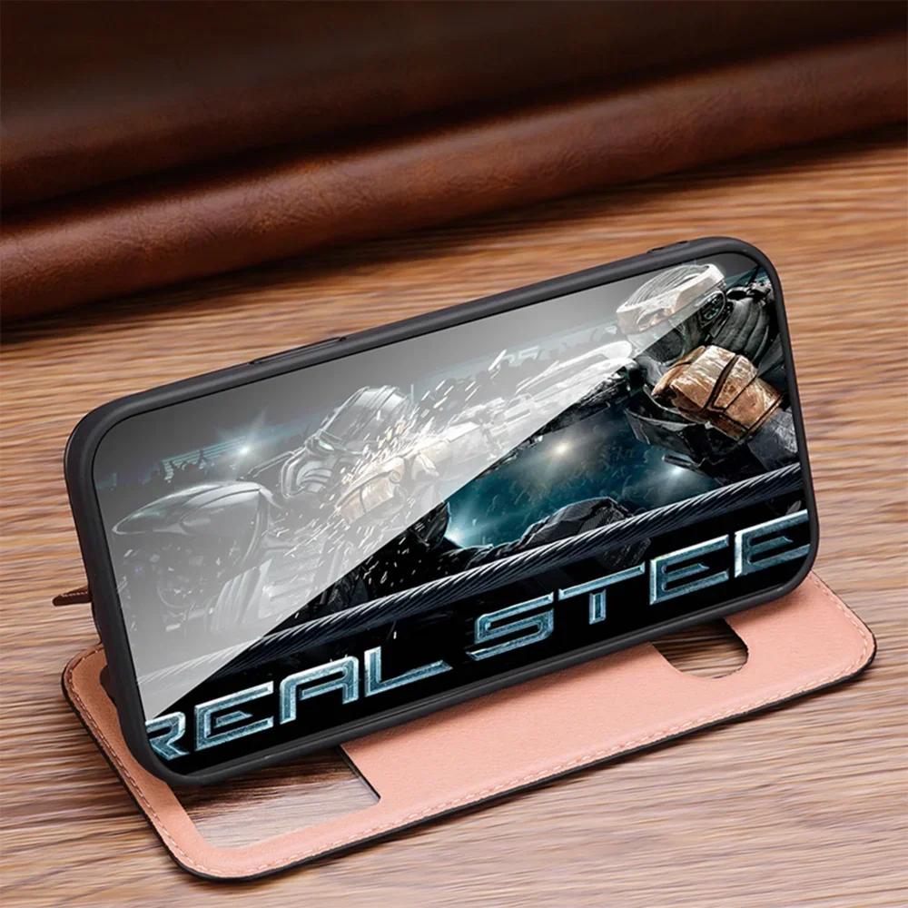 Genuine Leather Clear View Window Phone Case for IPhone 16 15 Plus 14 13 12 Pro Max Magnetic Flip Holder Cover
