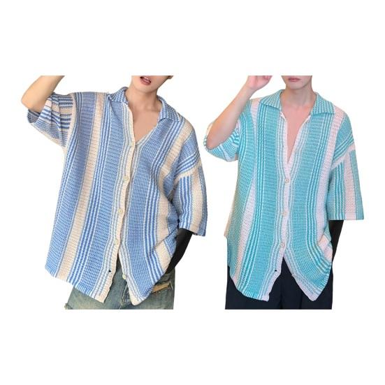 Summer Men Shirt Knitted Color Matching Lapel Elastic Japanese Style Single-breasted Short Sleeves Retro Antu-shrink Casual Vacation Beach Top