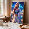 Frozen Princess Elsa Blue and White Pearl Dress Pearl Painting Starry Sky River Lamp Twist Braids Flowers In Hair Water Water Sparkling Theme Unframed