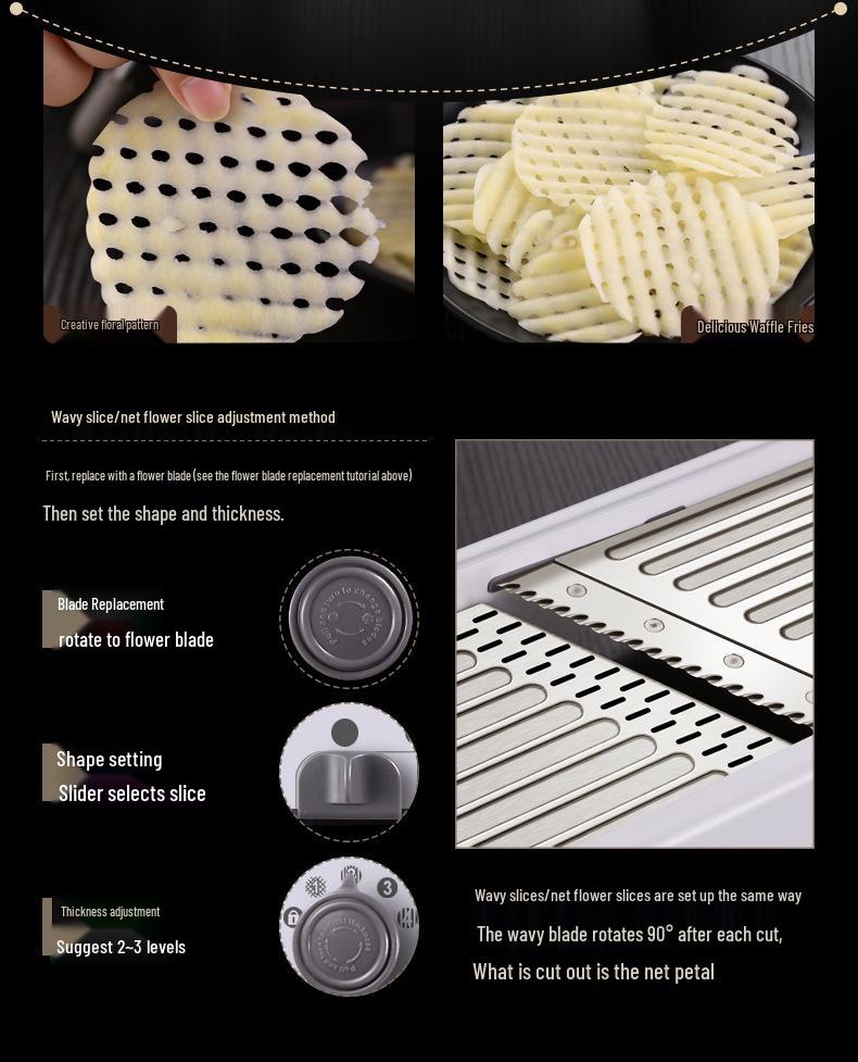 Multifunctional Vegetable Cutter: Potato Shredder, Grater, Slicer, Dicer & Wavy Radish Cutter.