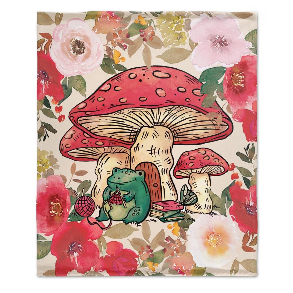 Cartoon Frog Mushroom Blanket Lovey Green Animal Flannel Throw Blankets for All Season Botanical Plush Soft Bed Sofa Blanket
