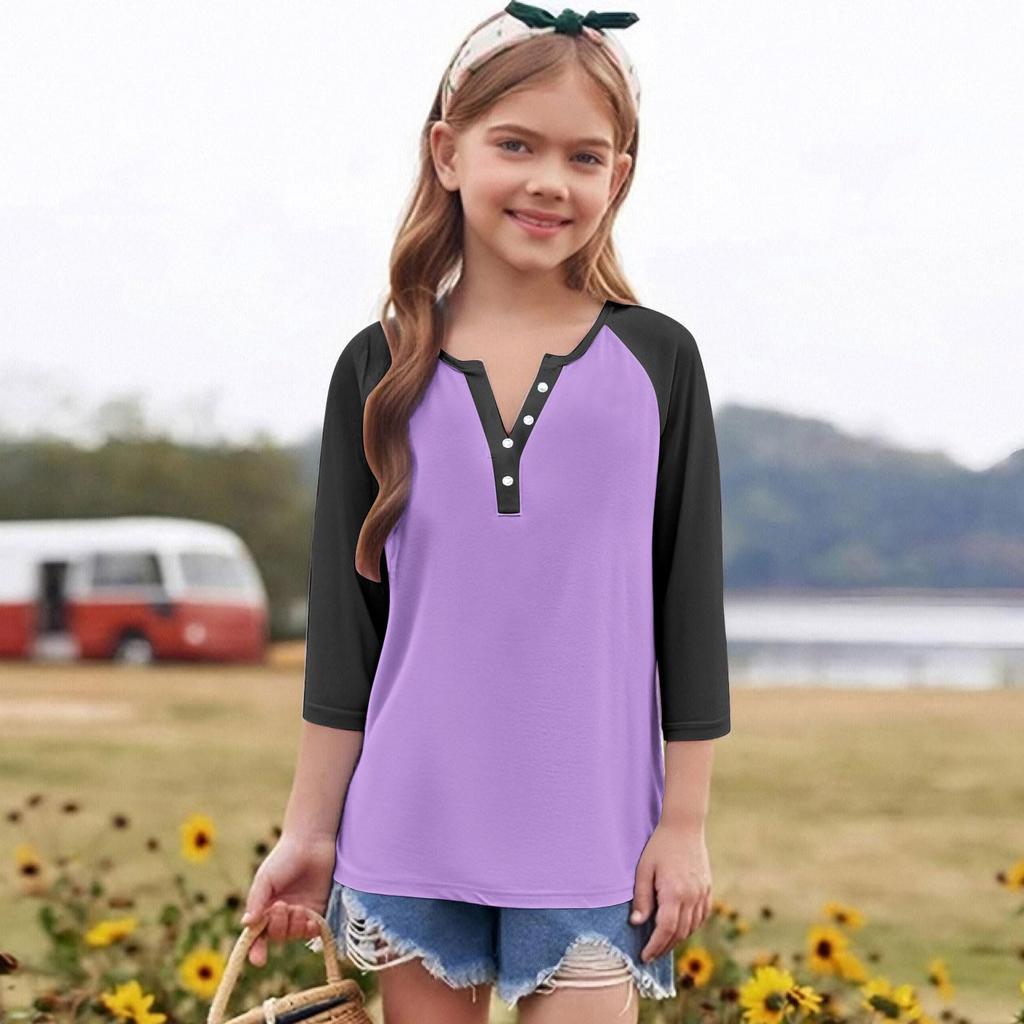 Print Tops For Youth Girls Round Neck 3/4 Sleeves T-Shirts Trendy Tops Outfit Tees