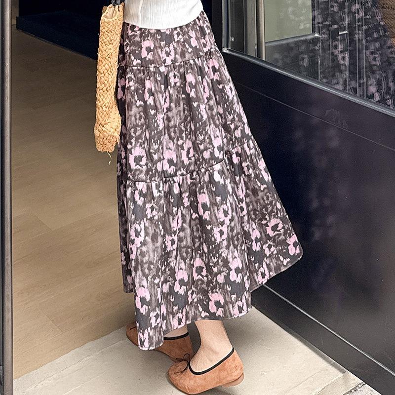 Women's French Floral Half-length Skirt Summer Mid-length Pleated Skirt Slimming Umbrella Skirt