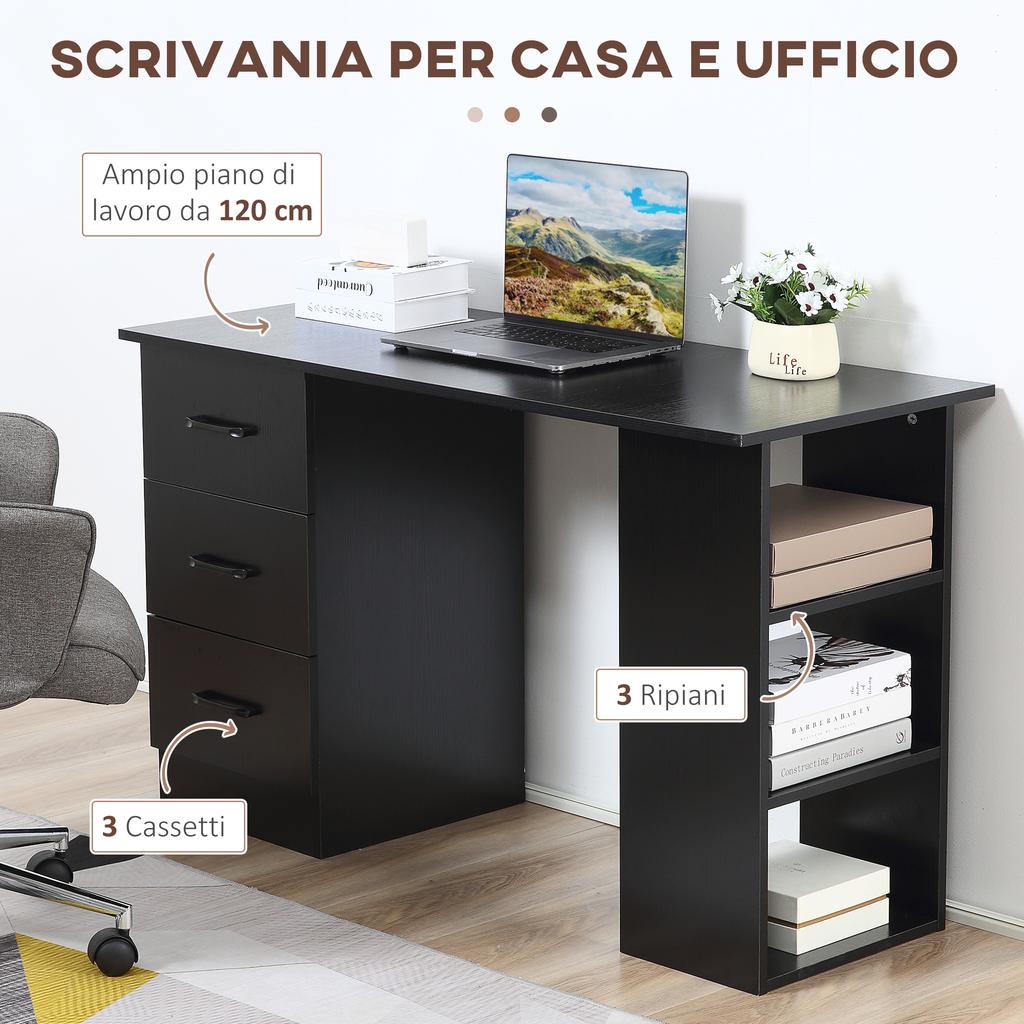Modern Desk In Wood with 3 Drawers and 3 Shelves for Bedroom and Office, 120x49x72cm, Black