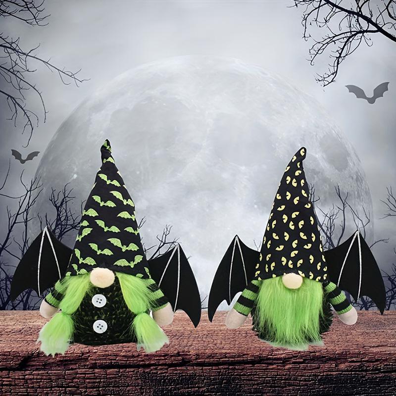 1Pc Halloween Decor Elf Decoration Gnome Dolls Party Supplies Handmade Plush Doll with Bat and Spider Patterns with Bat Wings