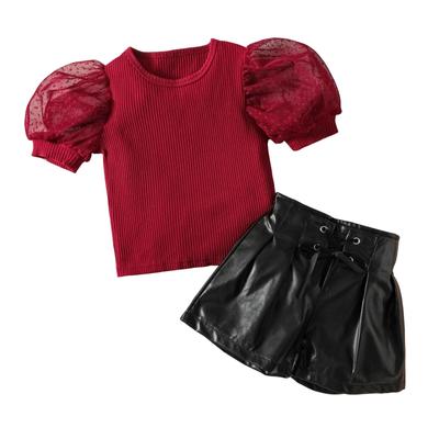 Copii Fete Haine de vara tinuta plasa patchwork cu maneca scurta tricou coasta Topuri si pantaloni scurți din piele cu bandaj casual