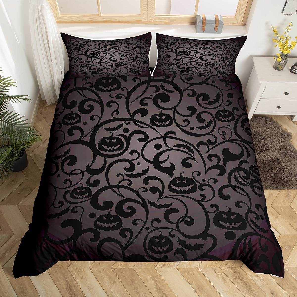 

Пододеяльник на Хэллоуин Кинг Готический Паутина Летучие мыши Чехол для одеяла Ночное небо Оранжевая луна Постельное белье Набор Гранж Стиль Пододеяльник EU Single(135x200cm)