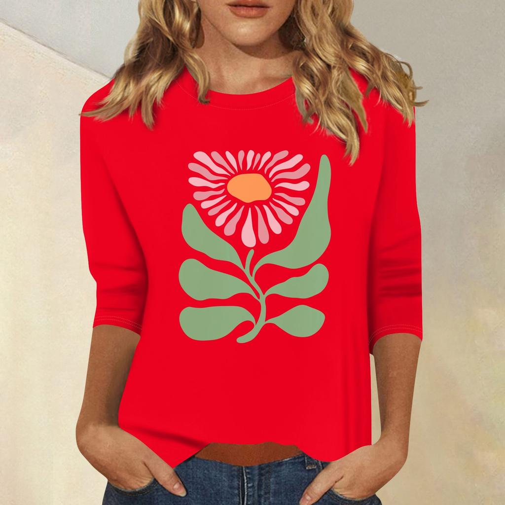 Damenmode, lässig, bedruckt, sieben Ärmel, Rundhalsausschnitt