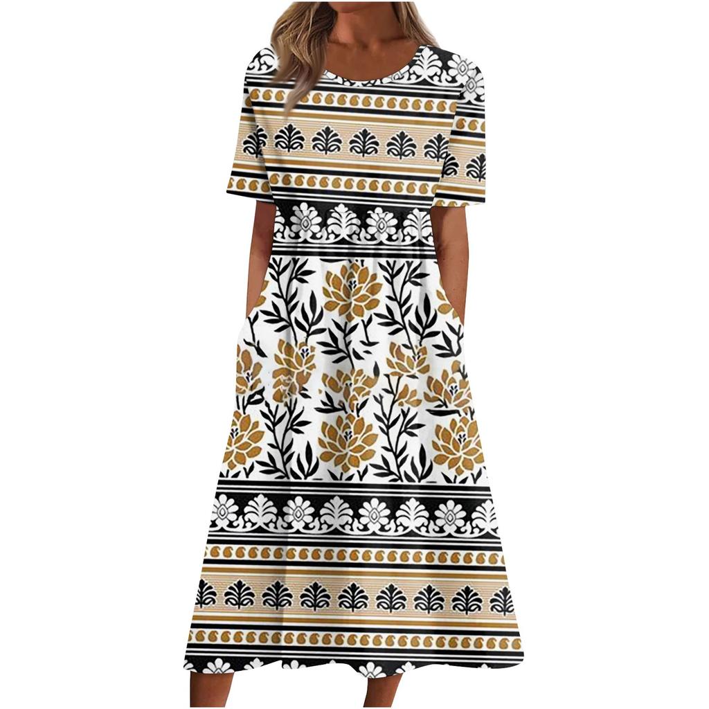 Women's Casual Dresses Printed Dresses Summer Dresses Printed Pleated Round Neck Midi Dresses Basic Classic Outdoor Daily Short Sleeve Loose Dresses