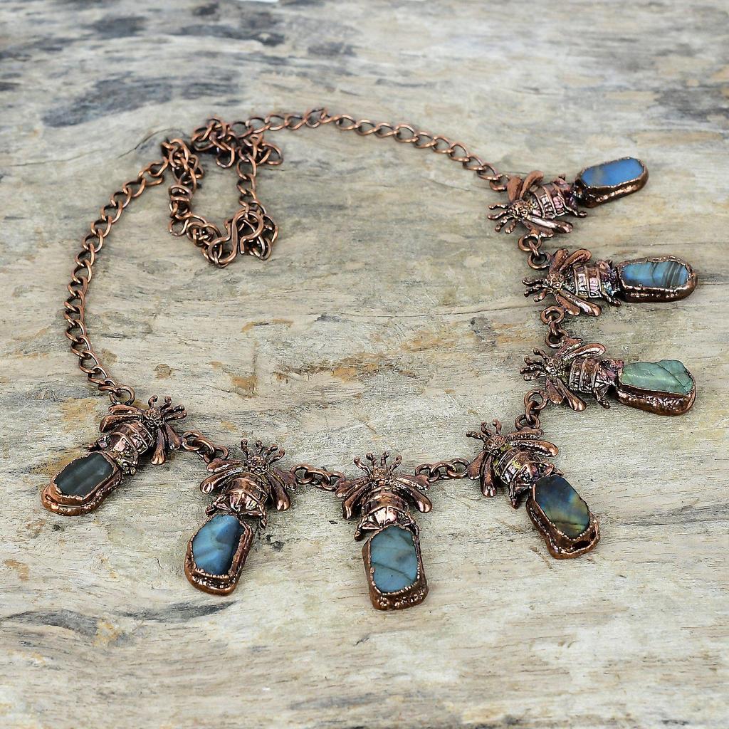 Labradorite Rough Gemstone Necklace Electroformed Copper Adjustable Chain Necklace Handmade Copper Jewelry Honey Bee Necklace Gifts for Mom
