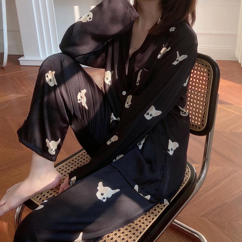 Eis Seide Druck Pyjamas Set Frauen Koreanische Vintage Chic Casual Hause Tragen Taste Up Langarm Hosen Anzug