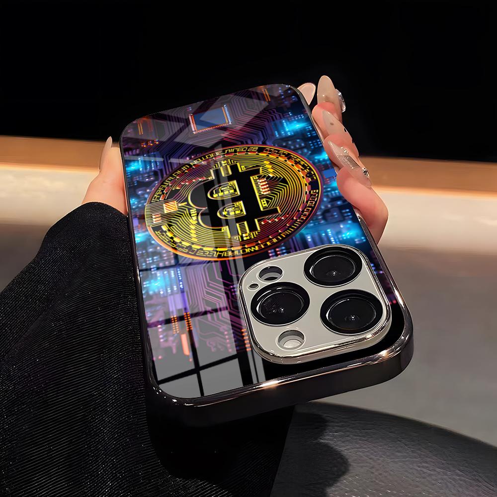 

Luxury Bitcoin Phone Case Luxury Glass Phone Case For IPhone 17 16 15 14 13 12 11 Pro Max Plating Frame Cover iPhone Air
