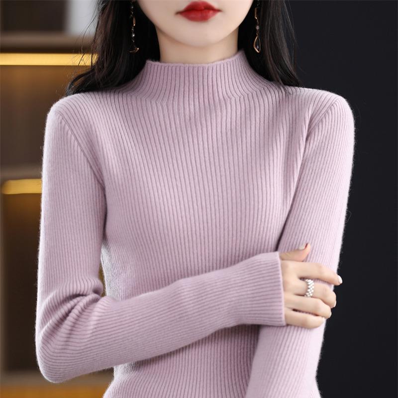 Women's Slim Fit Short Wool Knit Sweater - Solid Color, Half-High Collar