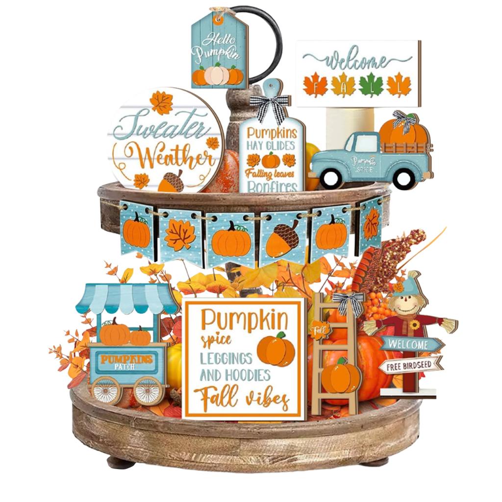 Autumn Harvest Farmhouse Decor Bundle with Pumpkin Patch Scarecrow Truck Signs and Table Centerpieces for Fall Tiered Tray