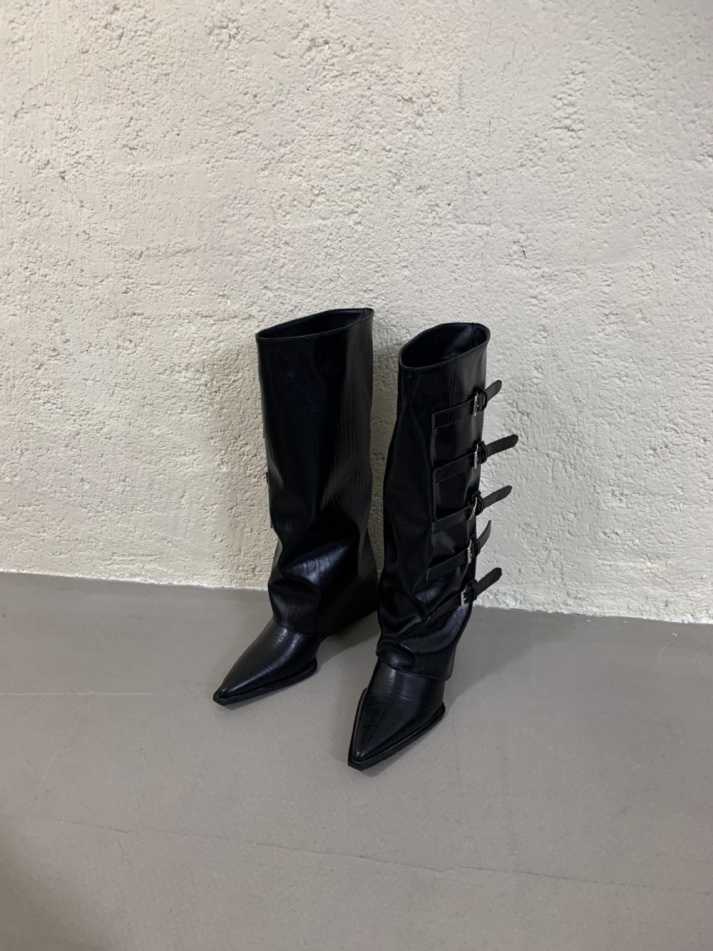 

2025 autumn and winter wind pants boots but knee high boots children s long boots belt buckle thick heel knight boots cowboy boots 39 чёрный