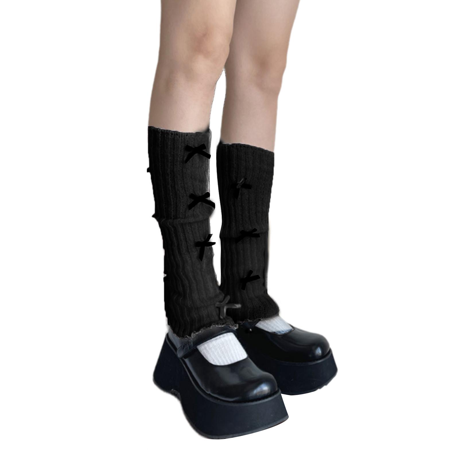 Sweet Girls Leg Warmers Women Ribbed Knit Foot Covers Elegant Bowknot Ruffled Trim Boot Cuffs Footless Long Calf Socks чёрный