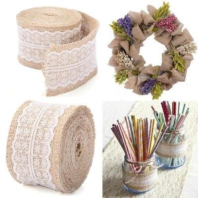 1 rotolo (1 M / 2 M) Nastro di Iuta Naturale Iuta Hessiana con Decorazioni in Pizzo Nastro Rustico Festa Matrimonio Decorazione Natale