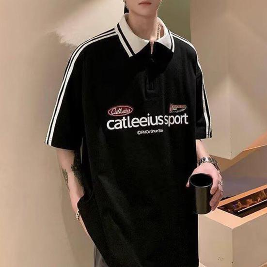 Unisex T-shirt Men Women Striped Letter Decoration Lapel Short Sleeve T-Shirt Casual Loose