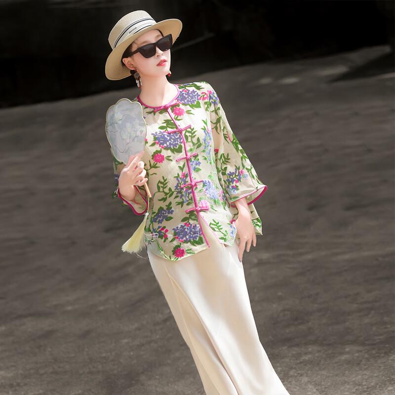 Lanseer New Chinese Silk Blend Floral Shirt S
