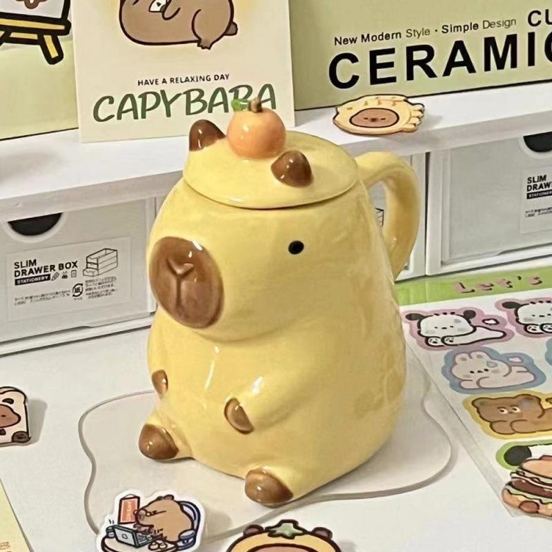 Creative Internet celebrity ceramic cup cartoon kapibara water cup ins wind home mug with lid large capacity 401-500ml