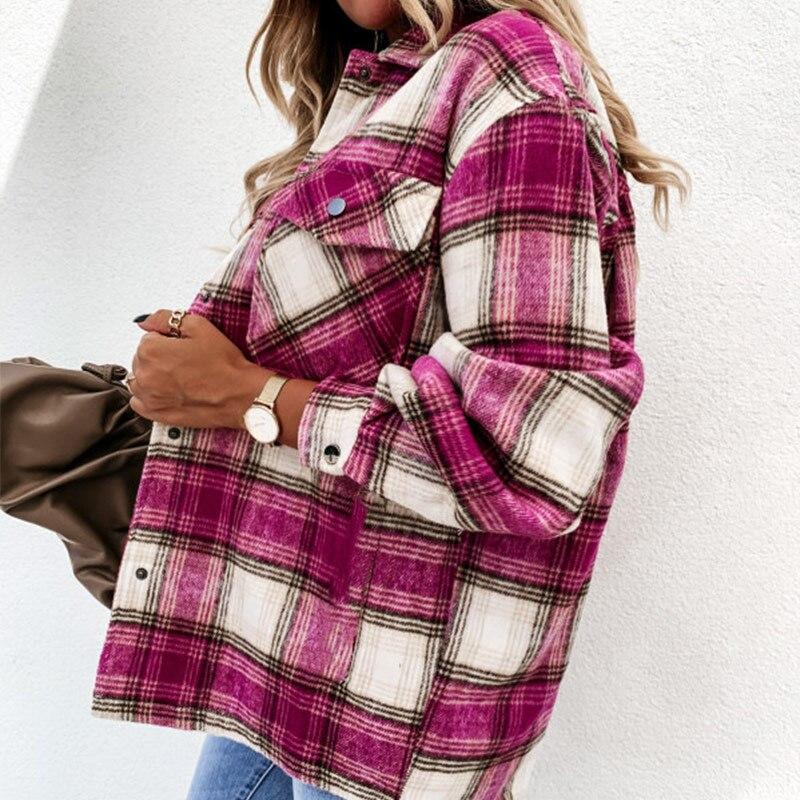 Plaid Women Shirt Autumn Loose Long Sleeve Single Breasted Pocket Female Retro Casual Lady Chemise