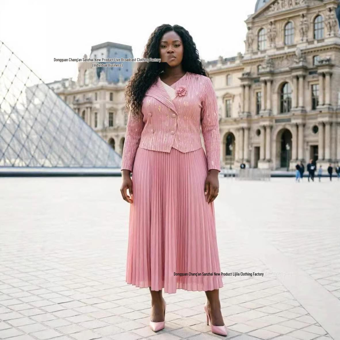 

2026 Stylish Plus Size Pleated Dress & Suit Collar Long Skirt with Waist-Cinching and Hot Stamping One Size (80/160 Jin) розовый