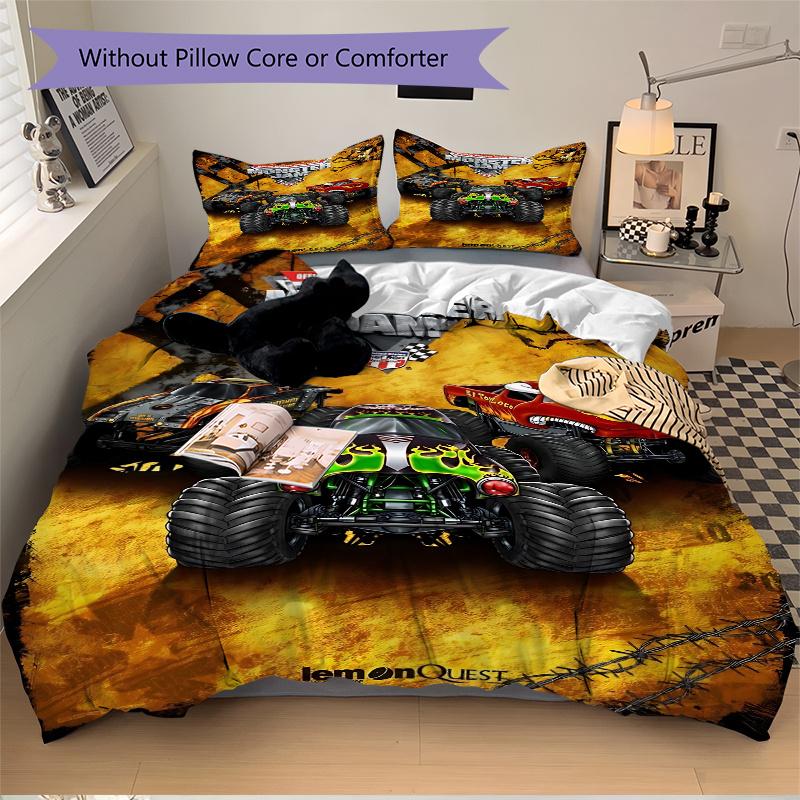 3pcs Monster Truck Series Home Bedding Set-Universal Three-Piece Suit for Bedroom, Guest Room, Living Room, Hotel-Perfect Gift for Fans, Tra
