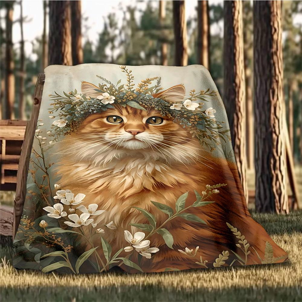 1pc Floral Cat Wreath Outdoor Flannel Blanket Soft All Season Polyester Throw , Perfect for Picnics & Travel , Picnic Accessory