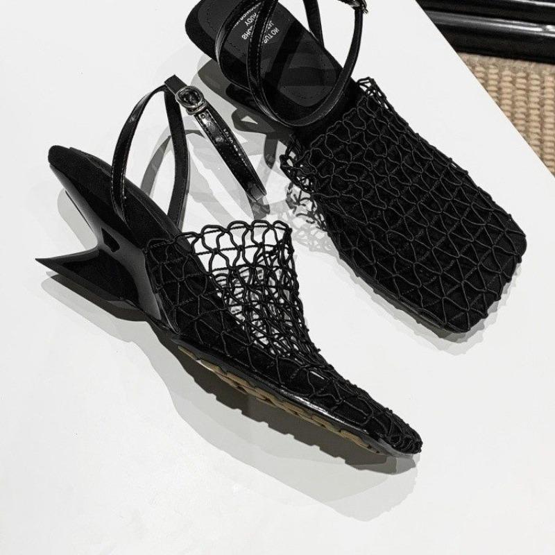 Fashion Summer Luxury Designer Sandals Women's Lace Mesh Square Toe Shallow Narrow Strap Braided Slip-on High Heel Sandals Zapatos Mujer