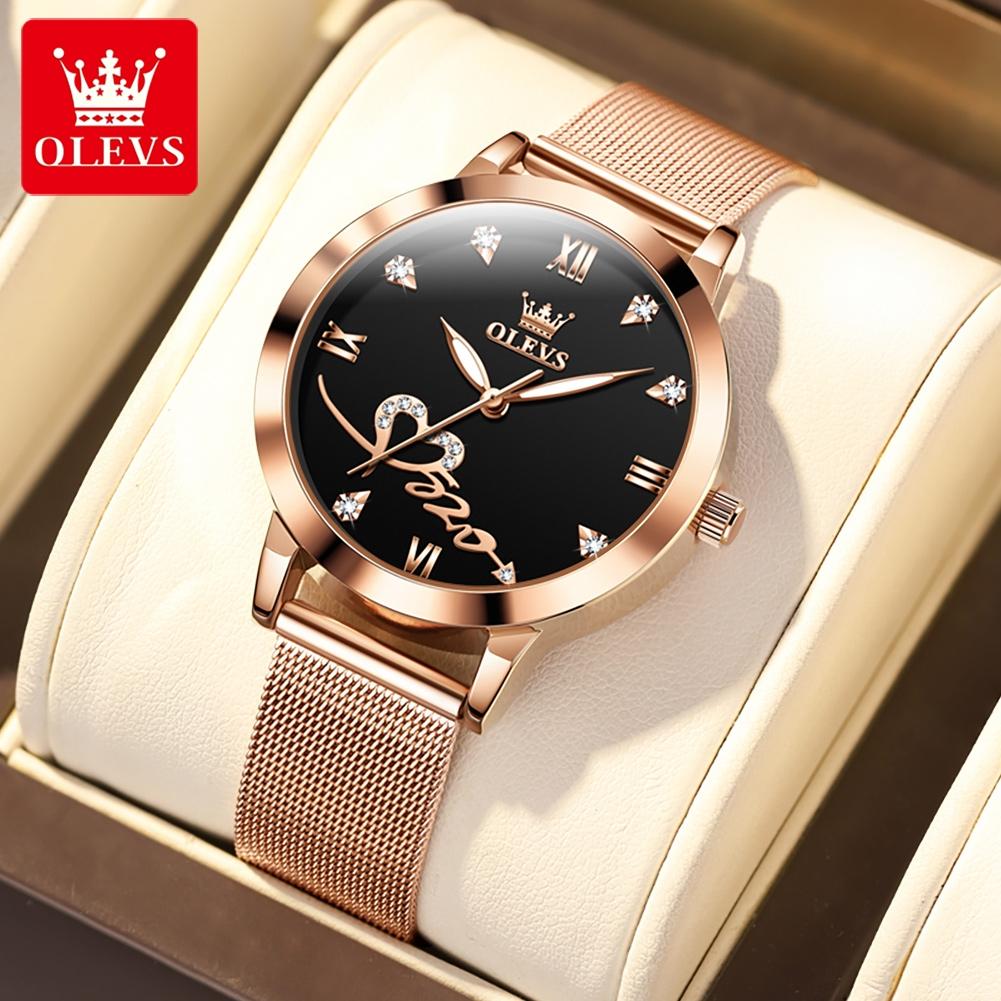 OLEVS Luxury Love Heart Diamond Ladies Watches Stainless Steel Mesh Strap Waterproof Quartz Wristwatch for Women Gift