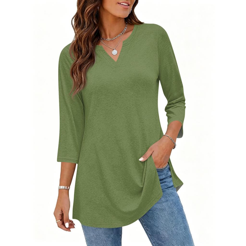 Women's Casual V Neck 3/4 Sleeve Pullover Tunic Top Mid Length Solid Color Comfortable Fit Lightweight Fabric