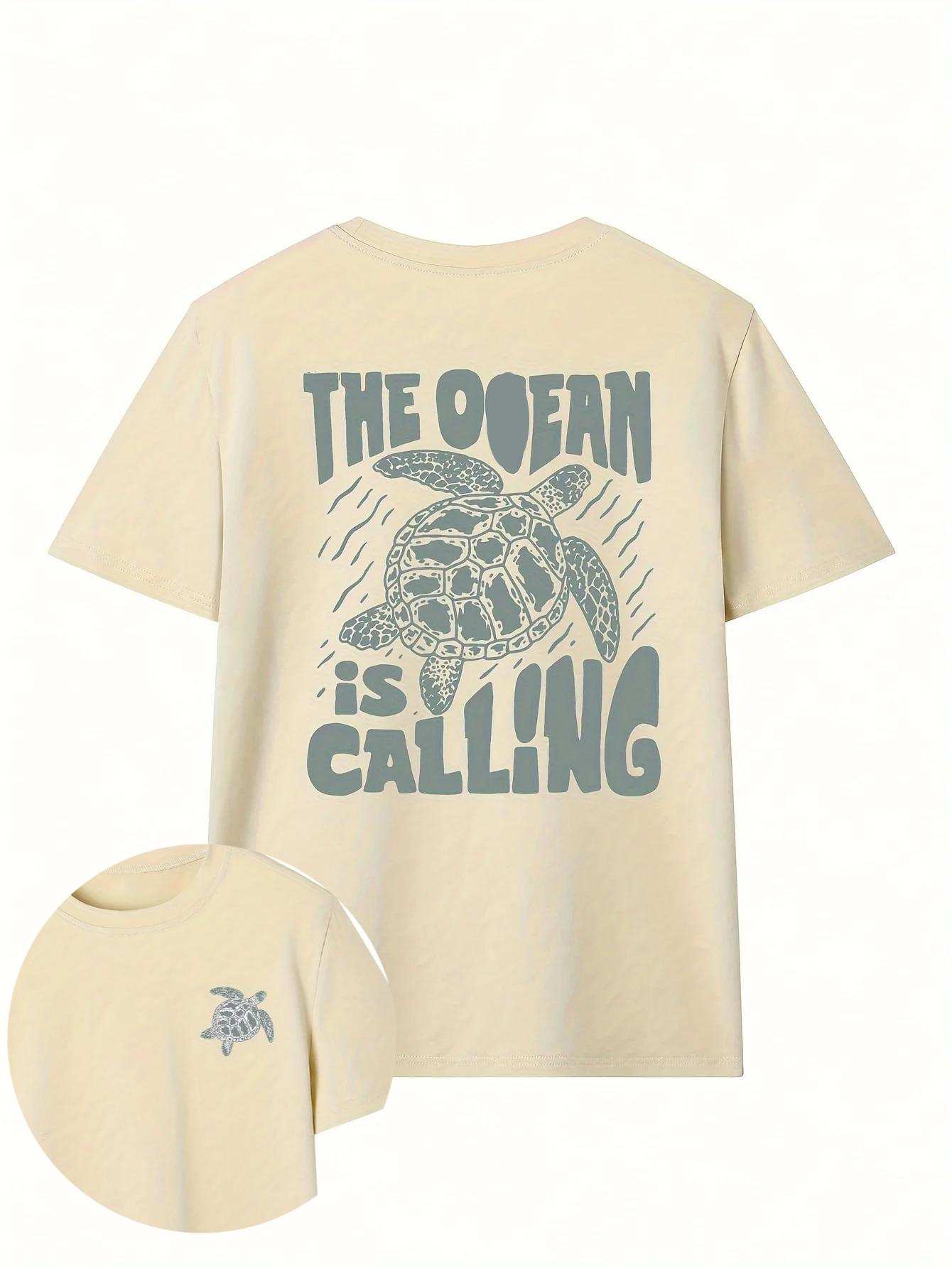 

Women s Casual Short Sleeved Loose Round Neck Summer Top with Ocean Calling Pattern and Turtle Print Soft S