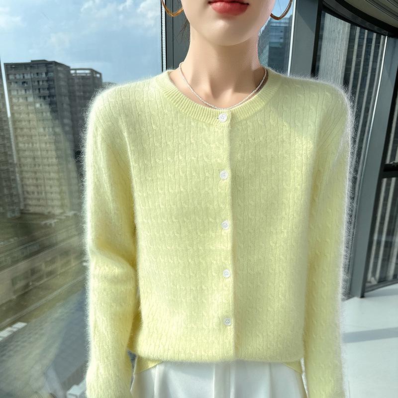 Women's Retro Cable Knit Mink Velvet Cardigan - Round Neck, Long Sleeve, Loose Fit, Short Sweater Coat