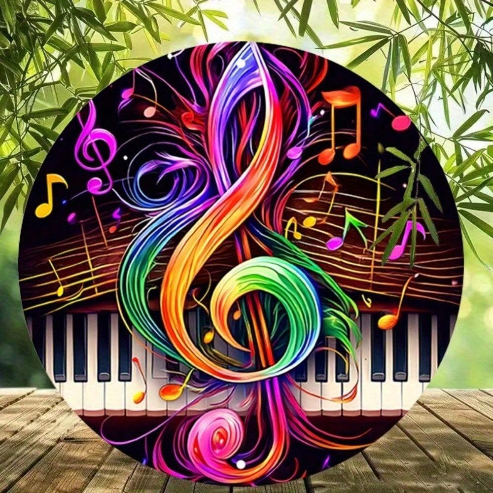 Retro Music Note Metal Tin Sign Vintage Round Aluminum Wall Decor Home Garage Bar Cafe Rustic Piano Keyboard