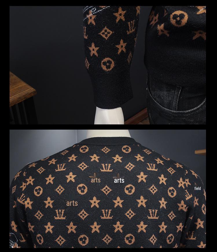 Męski zimowy europejski sweter z żakardowej wełny 2024 - Modny dzianinowy z okrągłym dekoltem, codzienna odzież