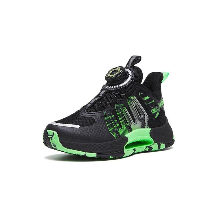 Anta Qingkuang Shock Absorbing Wear Resistant Mid Top Basketball Shoes Kids Sneakers Black Green 312319910-3