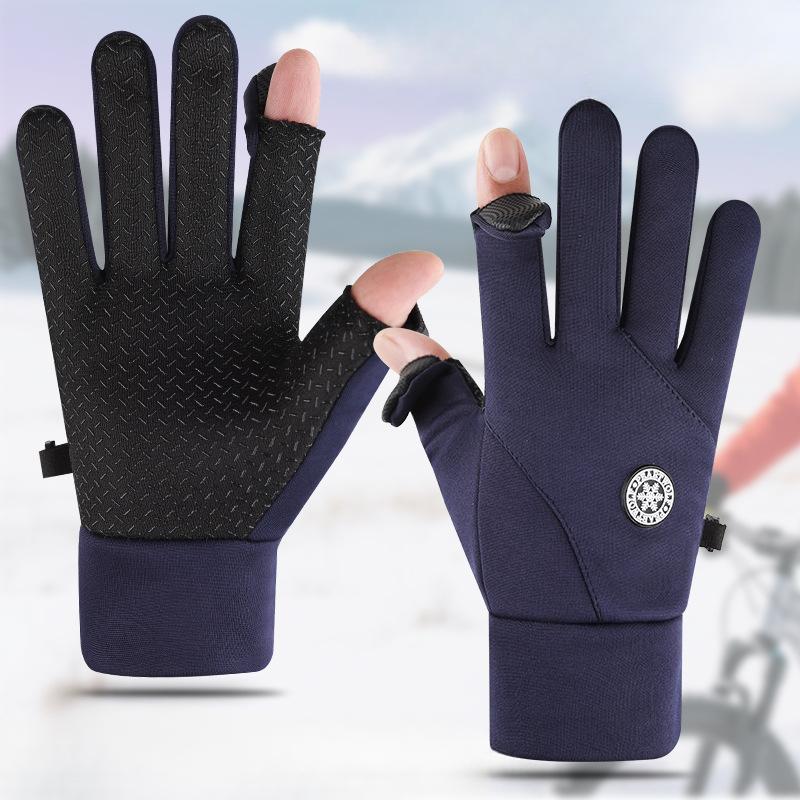 Winter Gloves Men's Plus Velvet Thickened Cycling and Driving Anti slip Touch Screen Leaking Two Fingers Waterproof Windproof Cold Warm Gloves