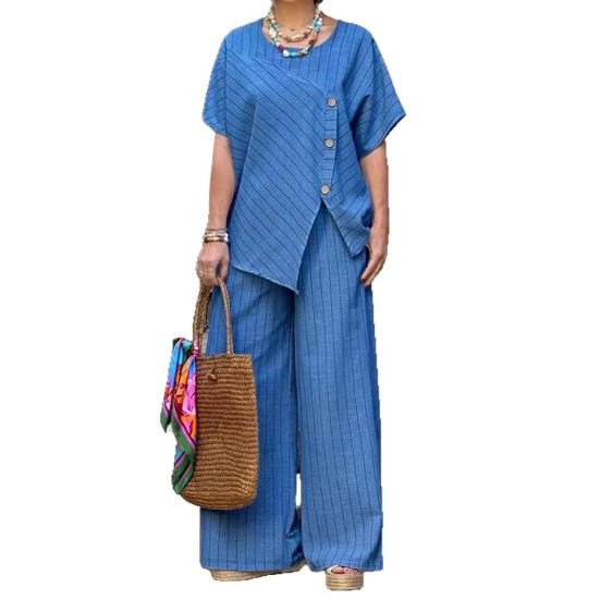 

Women s Striped Short Sleeve 2 Piece Outfits Summer Crew Neck Top And Long Pants Matching Lounge Sets with Pockets M синий