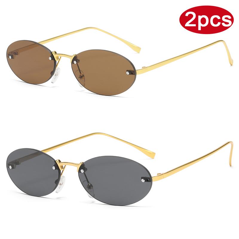 Protective Glasses 2pcs Rimless Oval Sunglasses Female Punk Metal Frame Gradient Lens Sun Glasses Multi Color Glasses UV400