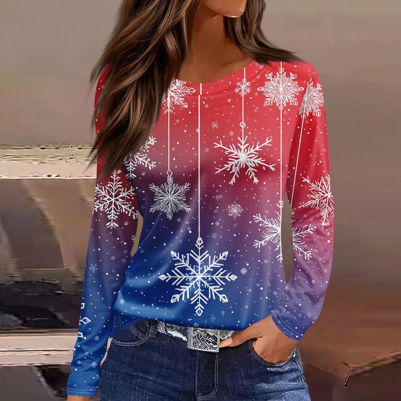 

Длинные рукава женские топы цветочный принт винтажная мода повседневные свободные с R-образным вырезом рубашки больших размеров Рождество XXL