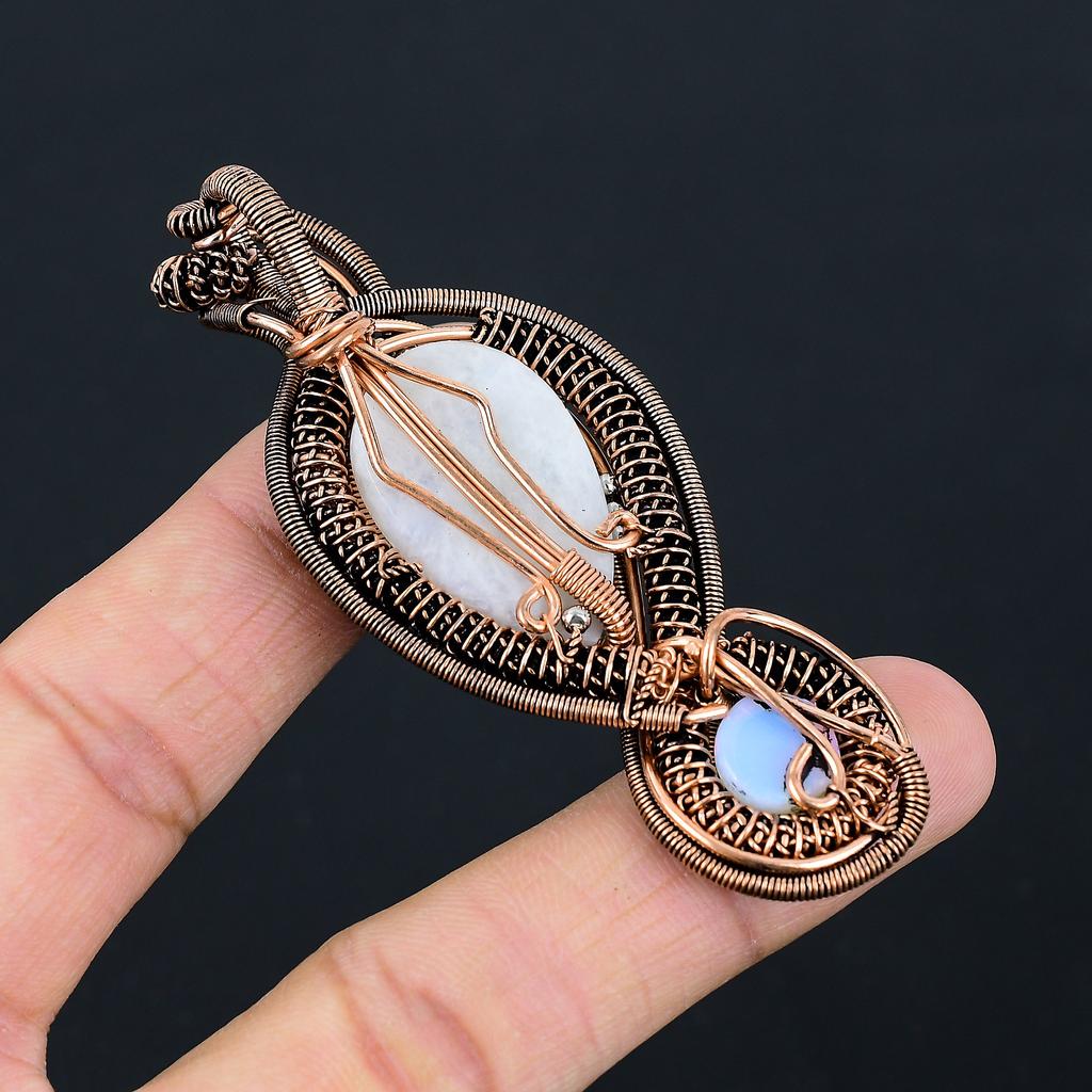 Natural Rose Quartz, Milky Opal Handmade Copper Wire Wrap Pendant 3.15 O7w15