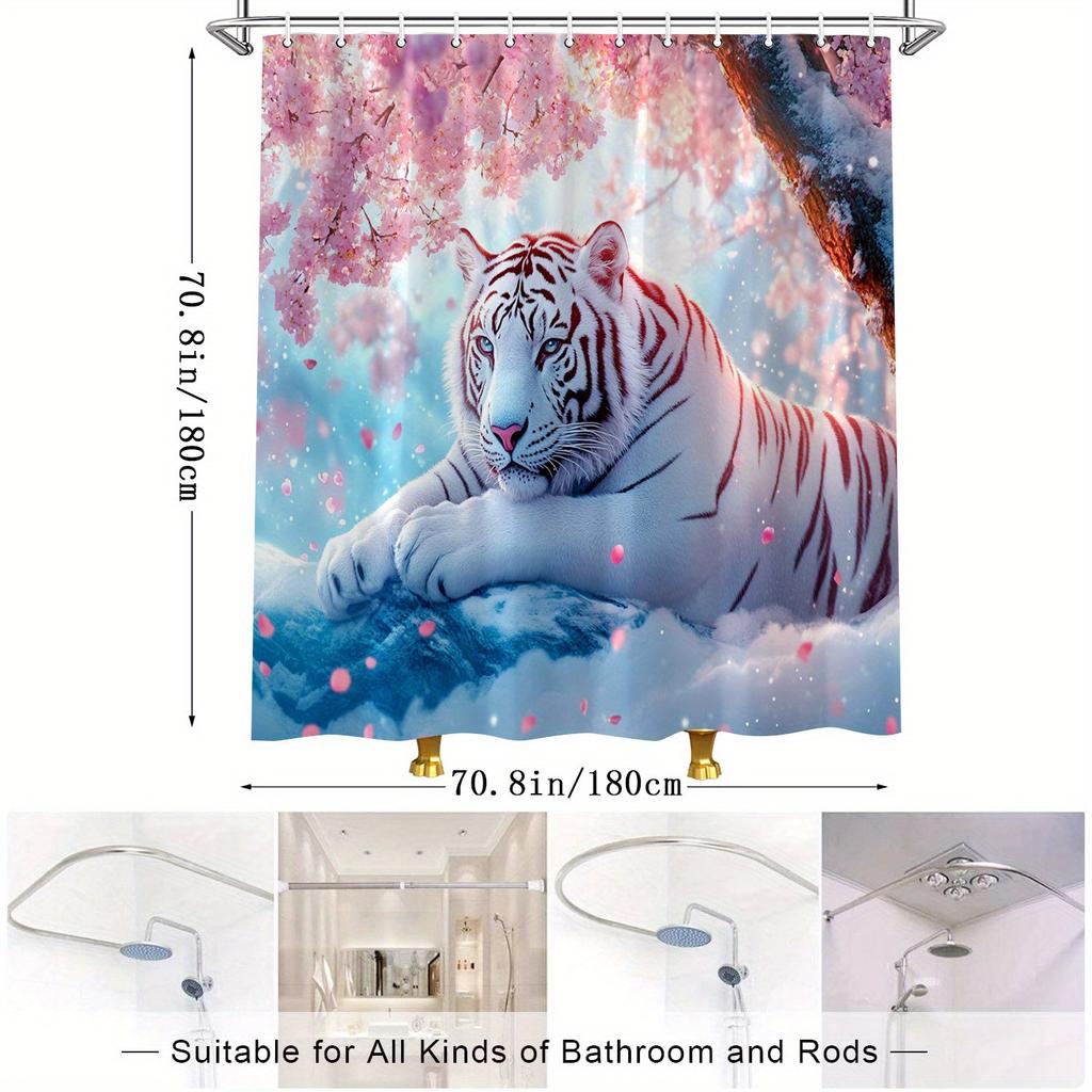 Majestic White Tiger Shower Curtain - Snowy Rock, Pink Cherry Blossoms, Soft Pastel Sky, Fantasy-Elegant Design