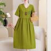 Women's Plus Size Cotton Linen Dress, Loose V-Neck Casual Summer Midi Dress with Pockets (XL-5XL)