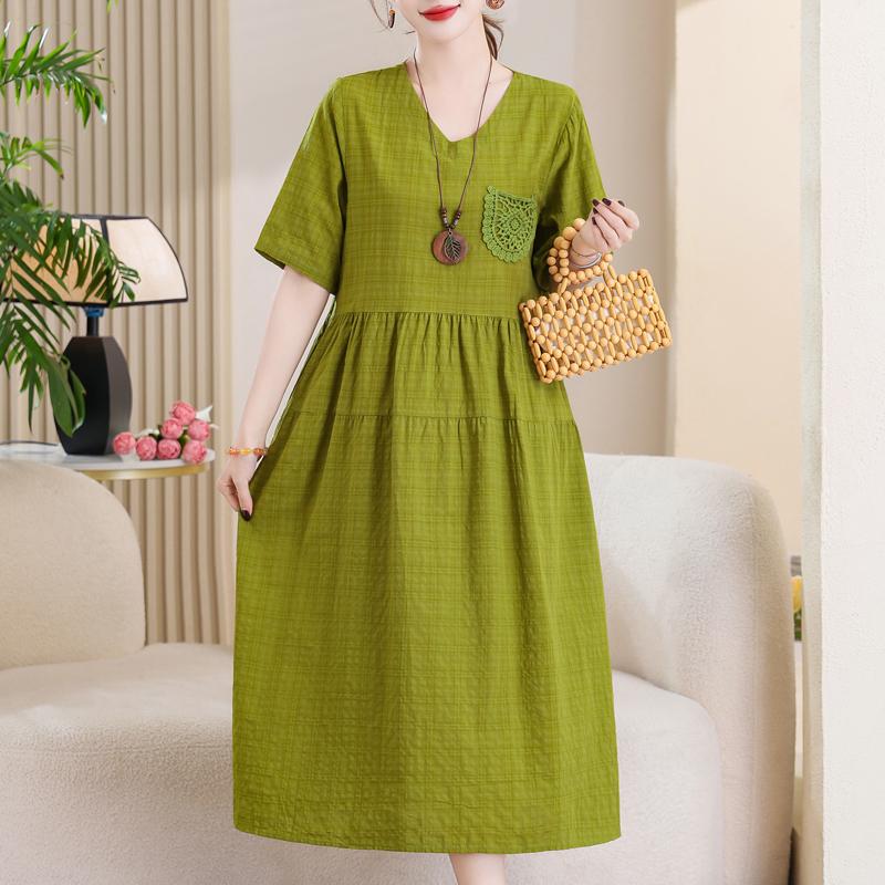 Women's Plus Size Cotton Linen Dress, Loose V-Neck Casual Summer Midi Dress with Pockets (XL-5XL)